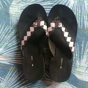 Brown and pink tommy Hilfiger flip flops